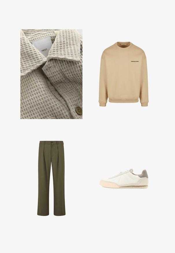 Tissu beige texturé avec un motif en quadrillage, présentant un col rabattu et un bouton marron. L'étiquette indique "NEXT."; Sweatshirt beige en coton, avec un col rond, des poignets et un ourlet côtelés. Texte "ANOTHER COTTON" en noir sur le devant.; Pantalons vert olive avec une coupe ajustée, présentant des plis à l'avant, une fermeture à bouton et des jambes droites. Texture de tissu lisse.; Baskets en cuir blanc avec un accent en daim tan sur le talon. Elles présentent une semelle en caoutchouc texturée et des lacets blancs plats. Détails de couture sur le panneau latéral.