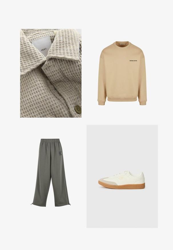 Tissu beige texturé avec un motif en quadrillage, présentant un col rabattu et un bouton marron. L'étiquette indique "NEXT."; Sweatshirt beige en coton, avec un col rond, des poignets et un ourlet côtelés. Texte "ANOTHER COTTON" en noir sur le devant.; Karl Kani KK OS SIDESTRIPE - Pantalon classique - grey; Baskets en cuir blanc avec une coque beige et une semelle en caoutchouc marron clair. Dotées de lacets blancs plats et d'un logo embossé sur le côté.