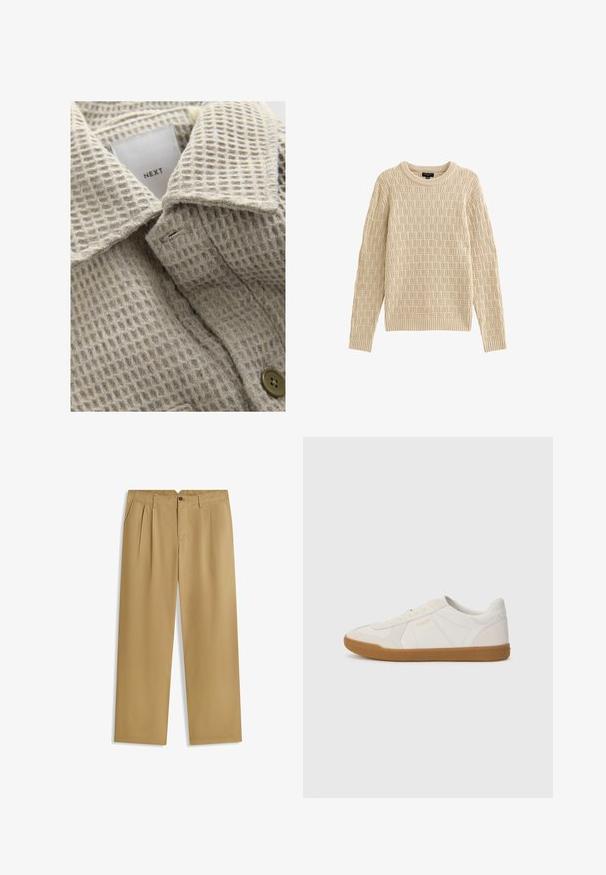Beiger Textilstoff mit einem Rautenmuster, ausgestattet mit einem umklappbaren Kragen und einem braunen Knopf. Das Etikett trägt die Aufschrift "NEXT."; Beige gestrickter Pullover mit einem strukturierten Muster, Rundhals, und gerippten Bündchen und Saum. Weicher Stoff. Leichtes Design.; Beige gerade geschnittene Hose mit Vorderfalten, Gürtelschlaufen, Seitentaschen sowie Knopf- und Reißverschluss am Bund.; Weiße Sneaker aus glattem Leder mit einer Sohle aus Gummi, ausgestattet mit einfachen Nähten und einem kleinen goldenen Logo an der Seite.