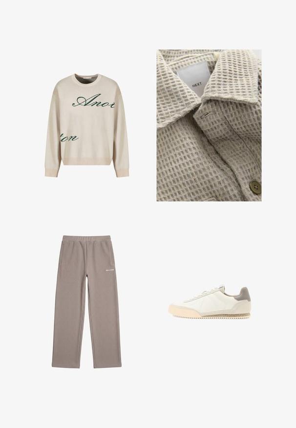 Tejido texturizado beige con un patrón de cuadrícula, con un cuello caído y un botón marrón. La etiqueta dice "NEXT."; Jersey de punto beige con texto verde en cursiva. Cuello y puños acanalados, corte relajado, con una textura suave.; Pantalones de punto acanalado color topo con cintura elástica, bolsillos laterales, piernas anchas y logo blanco "PEGADOR" en la cadera derecha.; Zapatilla de cuero blanca con un acento de ante marrón en el talón. Presenta una suela de goma texturizada y cordones blancos planos. Detalles de costura en el panel lateral.
