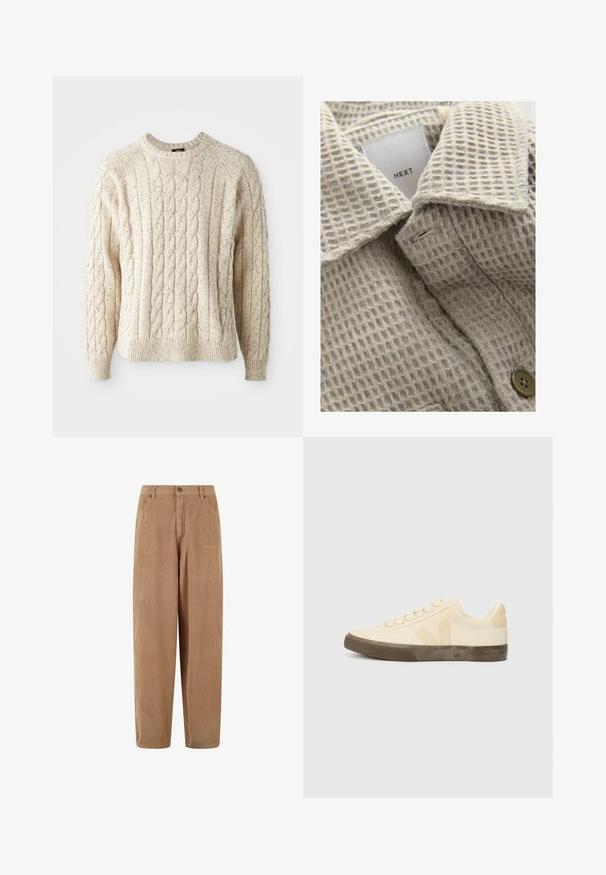 Beiger Textilstoff mit einem Rautenmuster, ausgestattet mit einem umklappbaren Kragen und einem braunen Knopf. Das Etikett trägt die Aufschrift "NEXT."; Cremfarbener Kabelstrickpullover mit Rundhalsausschnitt, strukturiertem Muster und gerippten Bündchen und Saum. Hergestellt aus weicher, dicker Wolle.; Samtstoffhosen in Hellbraun mit geradem Schnitt, ausgestattet mit einem Knopfverschluss und seitlichen Taschen, strukturiertem, geripptem Material.; Beige Leinensneaker mit runder Zehenpartie, flachen Schnürsenkeln und strukturiertem braunem Gummi-Sohle. Mit einem Logo an der Seite und einem minimalistischen Design.