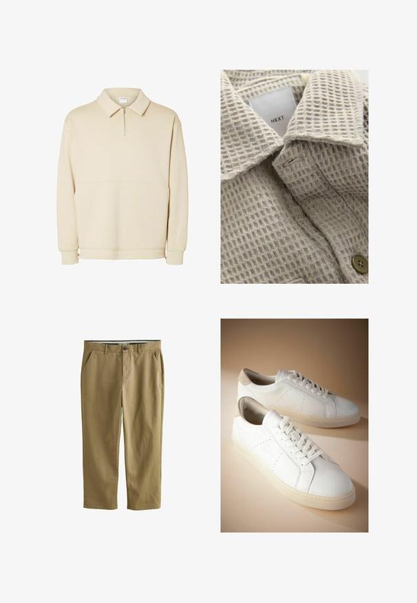 Beige textiel met een gestructureerd oppervlak en een ruitpatroon, voorzien van een omklapbare kraag en een bruine knop. Etiket met de tekst "NEXT."; Beige pullover sweatshirt gemaakt van zachte stof, met een ritssluiting bij de hals, een kraag en een ontspannen pasvorm met een eenvoudig horizontaal naaddetail.; Khaki chino's van een katoenmix, uitgerust met twee zijzakken, een knoopsluiting, rechte pijpen en een gladde textuur.; Witte leren sneakers met een gestructureerde, beige suède hieltab. Voorzien van een vetersluiting, minimale perforaties en een dikke, transparante zool.