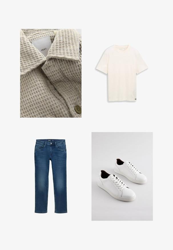 Beige tekstureret stof med et gittermønster, der har en nedfoldet krave og en brun knap. Mærket læser "NEXT."; Offwhite T-shirt i bomuld med korte ærmer og rund halsudskæring, minimal tekstur og lille sort mærke fra brandet nær kanten på ensfarvet baggrund.; Herre lige ben jeans i mørkeblå denim med et klassisk fem-lommer design, diskrete slidmærker og knaplukning.; Hvide lædersneakers med lav profil, perforerede sider, flade snørebånd og en kontrasterende brun indvendig foring. Gummisål med tekstureret mønster.