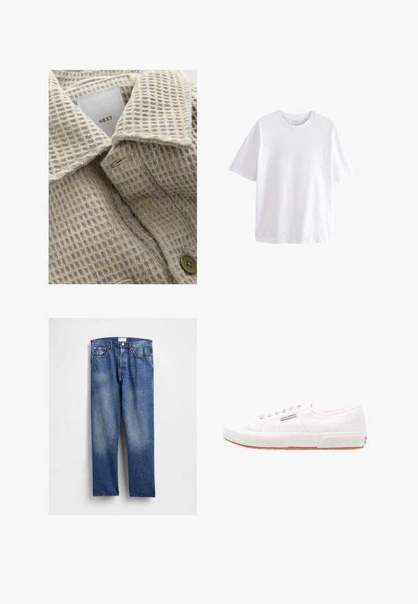Beige textiel met een gestructureerd oppervlak en een ruitpatroon, voorzien van een omklapbare kraag en een bruine knop. Etiket met de tekst "NEXT."; Effen witte T-shirt met korte mouwen en ronde hals met een ontspannen pasvorm op een witte achtergrond.; Blauwe denim jeans met een rechte pijp, voorzien van vervaging aan de voorkant, klassiek vijfzakkenontwerp en metalen klinknagels bij de zakken.; Witte canvas sneakers met een rubberen zool, vetersluiting en een klein logolabel aan de zijkant. Gewreven wit bovenwerk en een bruine zool.