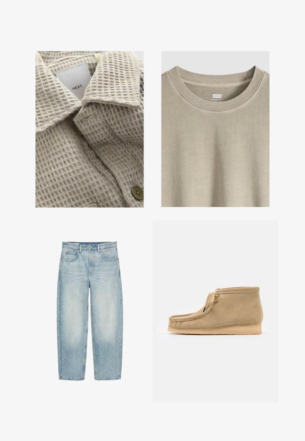 Beige tekstureret stof med et gittermønster, der har en nedfoldet krave og en brun knap. Mærket læser "NEXT."; Beige Levi's t-shirt med rund hals, synlige sømme ved kraven og trykt mærkat indeni halsudskæringen.; Lyseblå højtaljede jeans med lige ben, forlommer, bæltestropper og lukning med metalknap.; Beige suedestøvler til anklerne med rund tå, flad sål og et simpelt snøredesign. Inkluderer synlige syninger og en glat tekstur.