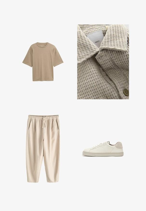 Beige tekstureret stof med et gittermønster, der har en nedfoldet krave og en brun knap. Mærket læser "NEXT."; Beige kortærmet t-shirt med en løs pasform, rund halsudskæring og glat tekstur. Ingen synlige mønstre eller hardware detaljer.; Beige afslappede bukser med elastisk talje og snøre, med sidelommer og en afslappet lige ben pasform.; Hvid lavtopet lædersneaker med hvide snørebånd, let struktureret sål og lys grå ruskinds-hælpatch, sideudsigt.