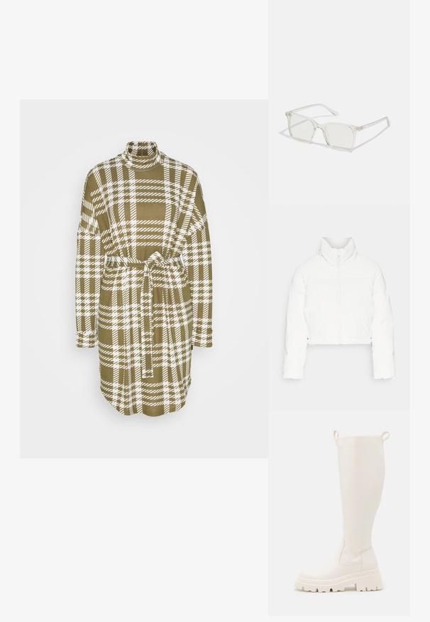 ONLY ONLLIVIA PUFFER JACKET - Veste d'hiver - cloud dancer; Noisy May NMCITY AVA SHORT DRESS - Robe pull - kalamata/white; Bottes en caoutchouc blanches jusqu'aux genoux avec une semelle épaisse et des panneaux élastiques sur les côtés. Elles sont dotées de languettes en haut pour un enfilage facile. Texture lisse.; Lunettes carrées en plastique transparent avec des verres translucides, dotées d'accents dorés sur les branches pour plus de détails.