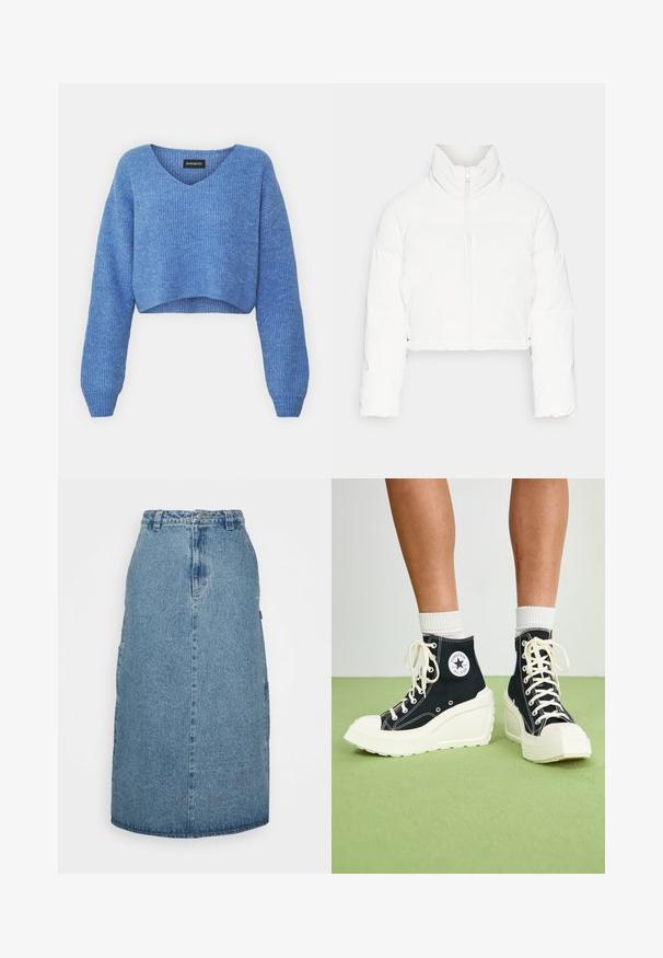 ONLY ONLLIVIA PUFFER JACKET - Veste d'hiver - cloud dancer; Pull cropped bleu avec un décolleté en V, texture côtelée et manches longues. Fabriqué dans un matériau doux. Étiquette : even&odd.; Obey Clothing JUNIPER MIDI SKIRT - Jupe trapèze - stonewash indigo; Baskets montantes noires avec une semelle plateforme blanche surélevée, dotées de lacets blancs et d'un logo arrondi sur le côté. Matériau en toile texturée.