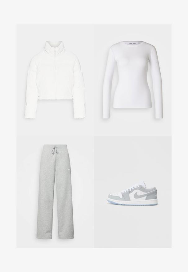 ONLY ONLLIVIA PUFFER JACKET - Vinterjakker - cloud dancer; Hvid langærmet skjorte lavet af ribbet stof, med runde udskæring og tætsiddende pasform. Ingen mønstre eller accenter er til stede.; Grå sweatpants med elastisk talje, snor detaljer og et lille hvidt Nike-logo på venstre lår. Blødt stof, løs pasform.; Nike-sneakers med en blanding af gråt og hvidt læder, perforeret tå, snørebånd og en lys blå ydersål med logodetaljer.
