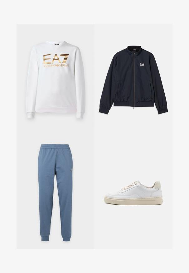 Námornícky modrá bunda vyrobená z ľahkého materiálu, s predným zipsom, stojacím golierom, elastickými manžetami a bočnými vreckami. Logo EA7 na hrudi.; Biela mikina vyrobená z bavlny s dlhými rukávmi a okrúhlym výstrihom. Na prednej strane sa nachádza kovovo zlaté logo "EA7 EMPORIO ARMANI".; Modré neformálne nohavice s elastickým pásom a manžetami, so malým logom na hornej časti stehna na jednofarebnom pozadí.; Biele tenisky s hladkým koženým zvrškom, béžovými šnúrkami a textúrovaným béžovým semišovým pätovým panelom. Zvýšená podrážka pre väčšiu výšku.