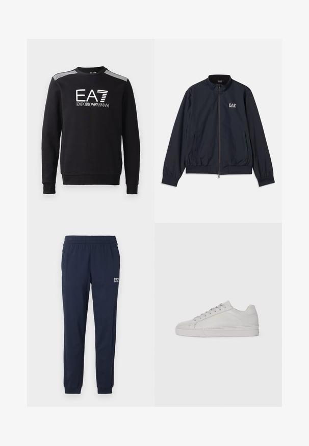 Námornícky modrá bunda vyrobená z ľahkého materiálu, s predným zipsom, stojacím golierom, elastickými manžetami a bočnými vreckami. Logo EA7 na hrudi.; Čierna mikina vyrobená z bavlny, s okrúhlym výstrihom, dlhými rukávmi, bielym logom EA7 a pruhmi na pleciach.; Námornícke modré tepláky s elastickým pásom a manžetami. Na ľavej nohe je malé biele logo. Vyrobené z mäkkého, elastického materiálu.; Svetlo šedé kožené tenisky s hladkým povrchom, zaoblenou špičkou, plochou gumovou podrážkou a tonálnymi šnúrkami. Obsahujú minimálne brandovanie v zlate.
