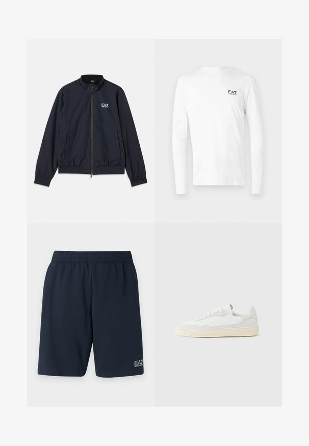 Marineblå jakke lavet af letvægtsmateriale, med lynlås foran, opretstående krave, elastiske manchetter og sidelommer. EA7-logo på brystet.; Hvid langærmet T-shirt lavet af bomuld, med et lille sort EA7-logo på venstre brystområde. Enkel design med rund halsudskæring.; Marineblå shorts med elastisk talje lavet af blødt stof, med sidelommer og et lille hvidt EA7-logo på nederste venstre ben.; Hvid sneakers med en øvre del i tekstureret ruskind og læder. Har rundet tå, snørelukning og kontrasterende beige gummisål.