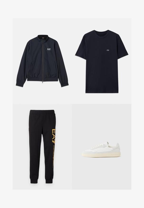 Marineblauwe jas van lichtgewicht materiaal, met een rits aan de voorkant, opstaande kraag, elastische manchetten en zijzakken. EA7-logo op de borst.; Navyblauwe katoenen t-shirt met korte mouwen en een ronde hals. Heeft een klein wit "A|X" logo op de linkerkant van de borst.; Zwarte trainingsbroek van zacht materiaal, met een elastische tailleband en cuffed enkels. Gele branding die verticaal op het linkerpijp is gedrukt.; Witte sneaker met een bovenwerk van gestructureerd suède en leer. Voorzien van een afgeronde neus, vetersluiting en een contrasterende beige rubberen zool.