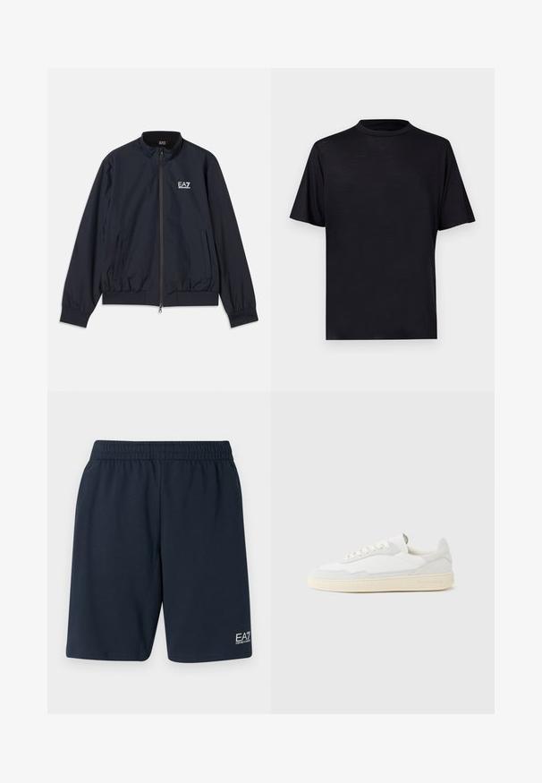 Chaqueta azul marino hecha de material ligero, con cierre de cremallera en el frente, cuello alzado, puños elásticos y bolsillos laterales. Logo de EA7 en el pecho.; Camiseta negra de manga corta con cuello alto, hecha de una tela suave y ligera, con un diseño minimalista sin estampados ni adornos.; Pantalones cortos de cintura elástica en azul marino, fabricados en un tejido suave, con bolsillos laterales y un pequeño logo blanco de EA7 en la parte inferior de la pierna izquierda.; Zapatilla blanca con parte superior texturizada de ante y cuero. Presenta una puntera redondeada, cierre con cordones y suela de goma beige contrastante.