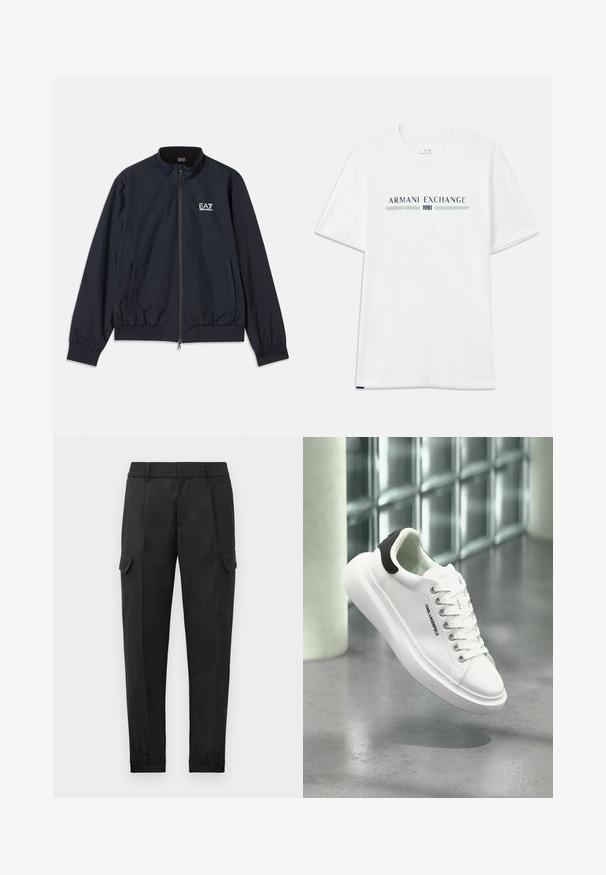 Veste bleu marine en matériau léger, dotée d'une fermeture éclair à l'avant, d'un col montant, de poignets élastiques et de poches latérales. Logo EA7 sur la poitrine.; T-shirt en coton blanc à manches courtes, avec un logo "ARMANI EXCHANGE" bleu et vert et "1991" centré en dessous.; Pantalons cargo noirs avec une taille élastique, jambe fuselée, poches latérales et une seule poche cargo sur la cuisse gauche. Texture lisse.; Baskets basses blanches à semelle épaisse, avec languette de talon noire, devant à lacets, et logo "KARL LAGERFELD" sur le côté, flottant au-dessus d'un sol gris.
