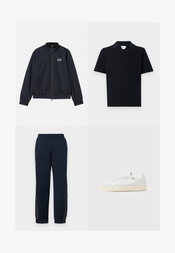 Marineblauwe jas van lichtgewicht materiaal, met een rits aan de voorkant, opstaande kraag, elastische manchetten en zijzakken. EA7-logo op de borst.; Zwarte polo met korte mouwen, gemaakt van een gladde stof, met een klassieke kraag en een subtiele V-halsontwerp met een rechte zoom.; Marineblauwe sweatpants met een zachte textuur, taps toelopende boorden en mesh zijpanelen. Elastische tailleband voor comfort en een casual pasvorm.; Witte sneaker met een bovenwerk van gestructureerd suède en leer. Voorzien van een afgeronde neus, vetersluiting en een contrasterende beige rubberen zool.
