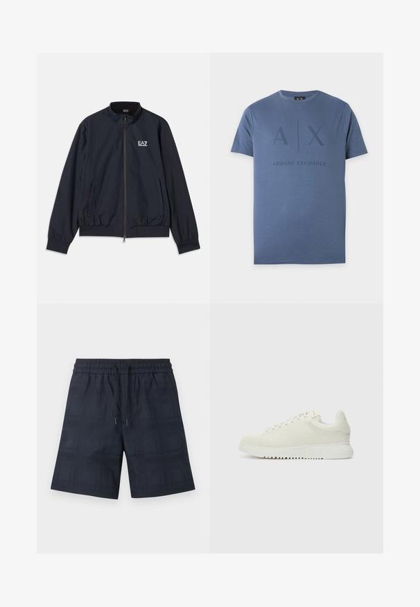 Veste bleu marine en matériau léger, dotée d'une fermeture éclair à l'avant, d'un col montant, de poignets élastiques et de poches latérales. Logo EA7 sur la poitrine.; T-shirt bleu à manches courtes et col rond avec A|X et Armani Exchange imprimés en bleu foncé sur le devant.; Shorts homme bleu marine avec taille élastique et cordon, avec un motif à carreaux discret.; Baskets blanches en cuir avec un dessus texturé, bout rond, semelle plate blanche et lacets ton sur ton. Marque discrète sur la languette.