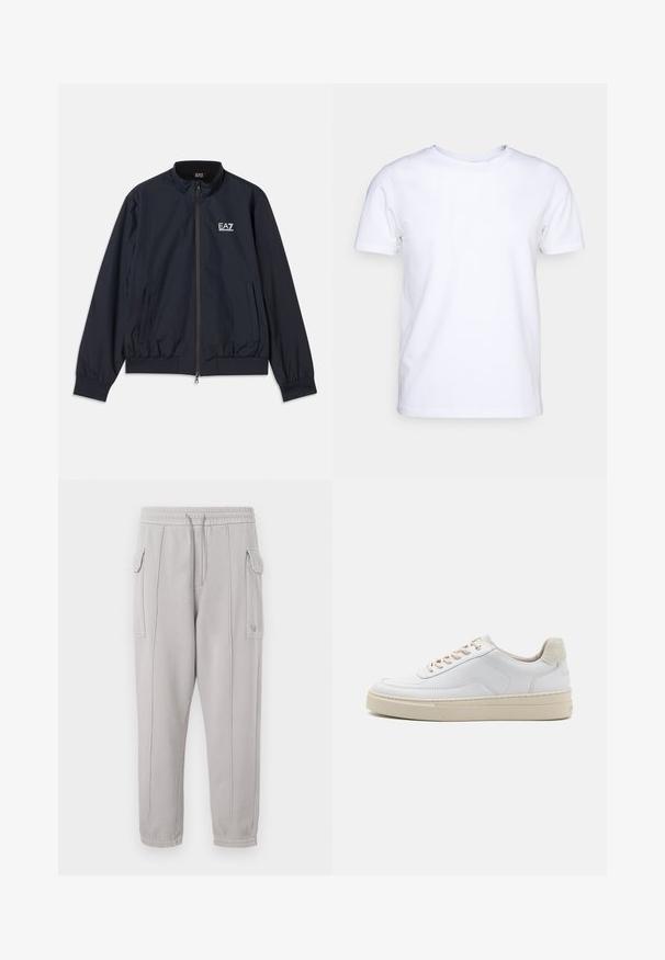 Marineblå jakke lavet af letvægtsmateriale, med lynlås foran, opretstående krave, elastiske manchetter og sidelommer. EA7-logo på brystet.; Hvid kortærmet t-shirt i bomuldsstof med rund halsudskæring. Enkel design uden mønstre eller detaljer. Glat tekstur.; Grå sweatpants med elastisk talje, sidelommer og stikninger, der løber lodret langs benene. Tekstur af bomuldsblanding.; Hvide sneakers med en glat læderoverdel, beige snørebånd og en tekstureret beige ruskindsheel-tab. Hævet sål for ekstra højde.