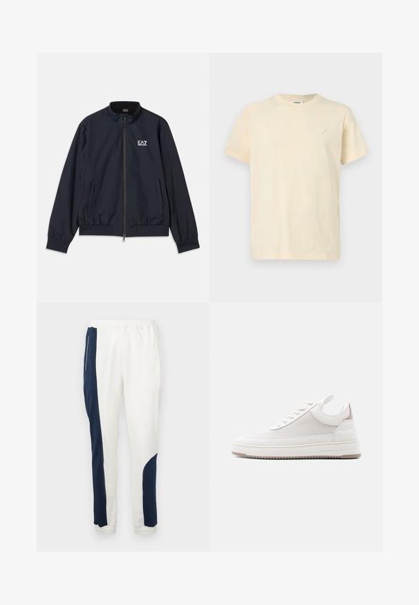 Marineblå jakke lavet af letvægtsmateriale, med lynlås foran, opretstående krave, elastiske manchetter og sidelommer. EA7-logo på brystet.; Kremfarvet T-shirt med korte ærmer, rund hals og lille hjertebroderi på venstre bryst.; Hvide joggerbukser med marineblå sideskæringer og elastiske mansjetter, lavet af blødt stof med en glat tekstur og en justerbar talje med snøre.; Lavtop hvid sneaker med tekstureret sidepanel, polstret krave, snørelukning foran og "Filling Pieces" branding på kantsålen.