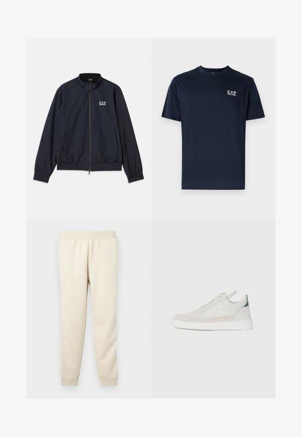 Marineblauwe jas van lichtgewicht materiaal, met een rits aan de voorkant, opstaande kraag, elastische manchetten en zijzakken. EA7-logo op de borst.; Navyblauwe katoenen t-shirt met korte mouwen, ronde halslijn en EA7-logo aan de linkerbovenkant in het wit. Gladde textuur, casual ontwerp.; Lichtbeige sweatpants gemaakt van zachte stof met een taps toelopend ontwerp, elastische tailleband en boorden bij de enkels. Geen zichtbare patronen of accenten.; Witte leren sneakers met grijze suède accenten, vetersluiting, een trekhaak en een gestructureerde rubberen zool met een zigzagpatroon.