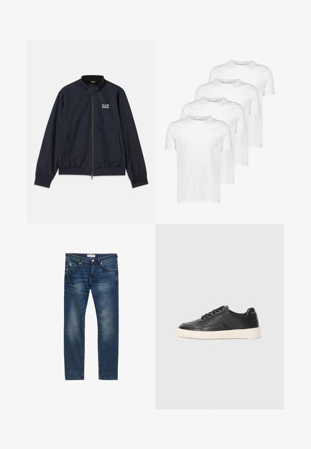 Marineblauwe jas van lichtgewicht materiaal, met een rits aan de voorkant, opstaande kraag, elastische manchetten en zijzakken. EA7-logo op de borst.; Witte katoenen T-shirts, korte mouwen, ronde halslijn, gladde textuur, vier stuks gestapeld met een consistent ontwerp en zonder patronen of accenten.; Donkerblauwe denim jeans met een rechte pasvorm, voorzien van lichte vervaging, vijf zakken, een ritssluiting en subtiele contrasterende stiksels.; Zwarte leren sneaker met een gestructureerde afwerking, ronde neus en platte witte rubberen zool. Voorzien van zwarte veters en merklabel op de hiel.