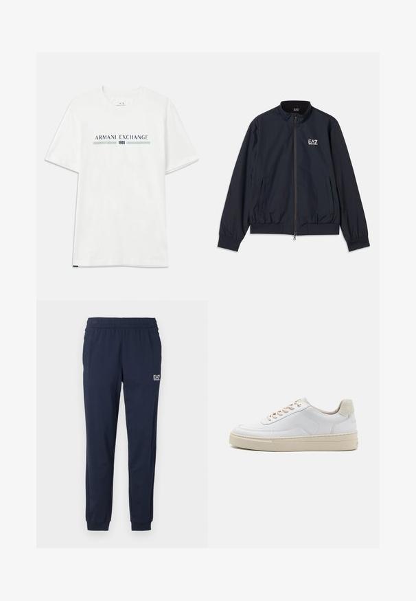 Veste bleu marine en matériau léger, dotée d'une fermeture éclair à l'avant, d'un col montant, de poignets élastiques et de poches latérales. Logo EA7 sur la poitrine.; T-shirt en coton blanc à manches courtes, avec un logo "ARMANI EXCHANGE" bleu et vert et "1991" centré en dessous.; Pantalons de survêtement bleu marine avec une taille élastique et des poignets. Comprend un petit logo blanc sur la jambe gauche. Fabriqué à partir d'un matériau doux et extensible.; Sneaker blanche avec un dessus en cuir lisse, des lacets beige et un onglet de talon en daim beige texturé. Semelle surélevée pour une hauteur supplémentaire.
