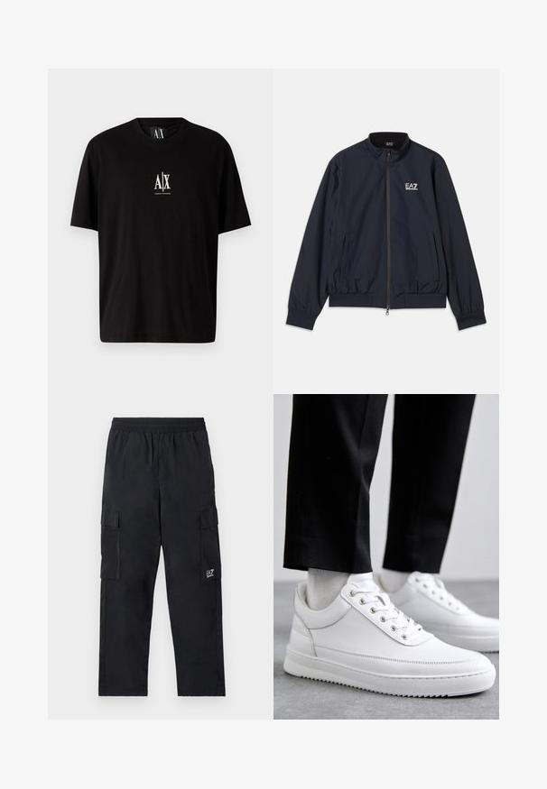Námornícky modrá bunda vyrobená z ľahkého materiálu, s predným zipsom, stojacím golierom, elastickými manžetami a bočnými vreckami. Logo EA7 na hrudi.; Čierne bavlnené tričko s krátkymi rukávmi, okrúhlym výstrihom a malým bielym logom "A|X" umiestneným na hrudi.; Čierne cargo nohavice s elastickým pásom, bočnými vreckami a malým logom na ľavej nohe. Vyrobené z ľahkej, hladkej tkaniny.; Biele kožené tenisky s plochou gumovou podrážkou, s hladkým povrchom, okrúhlou špičkou a kovovými očkami na šnúrky. Nosené s čiernymi nohavicami.