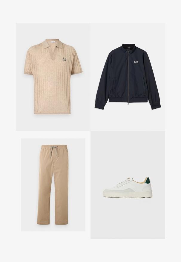 Veste bleu marine en matériau léger, dotée d'une fermeture éclair à l'avant, d'un col montant, de poignets élastiques et de poches latérales. Logo EA7 sur la poitrine.; Polo beige en maille côtelée à manches courtes avec col ouvert et petite tête de loup brodée sur la poitrine gauche.; Pantalon décontracté beige pour homme avec ceinture élastique et cordon gris, coupe droite, poches avant et latérales.; Baskets blanches avec des accents en daim, bout arrondi, lacets plats et semelle en caoutchouc crème. Présente une marque verte sur le talon.