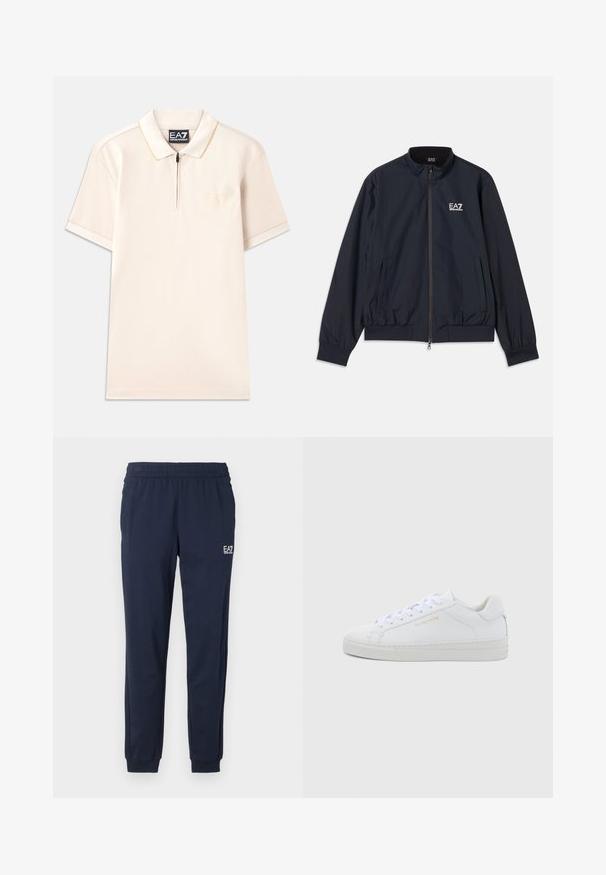 Marineblaue Jacke aus leichtem Material, mit Reißverschluss vorne, Stehkragen, elastischen Bündchen und Seitentaschen. EA7-Logo auf der Brust.; Beige Poloshirt mit kurzen Ärmeln, Reißverschlusskragen und dezentem Logostick. Weicher Stoff mit kontrastierenden Akzenten am Kragen und den Ärmeln.; Marineblaue Jogginghosen mit elastischem Bund und Bündchen. Besitzt ein kleines weißes Logo am linken Bein. Hergestellt aus einem weichen, dehnbaren Material.; Weiße Leder-Sneaker mit niedrigem Schnitt, runder Zehenpartie, flachen Schnürsenkeln, strukturierter Sohle und dezentem goldfarbenem Markenlogo an der Seite. Glatte Oberfläche und minimalistisches Design.