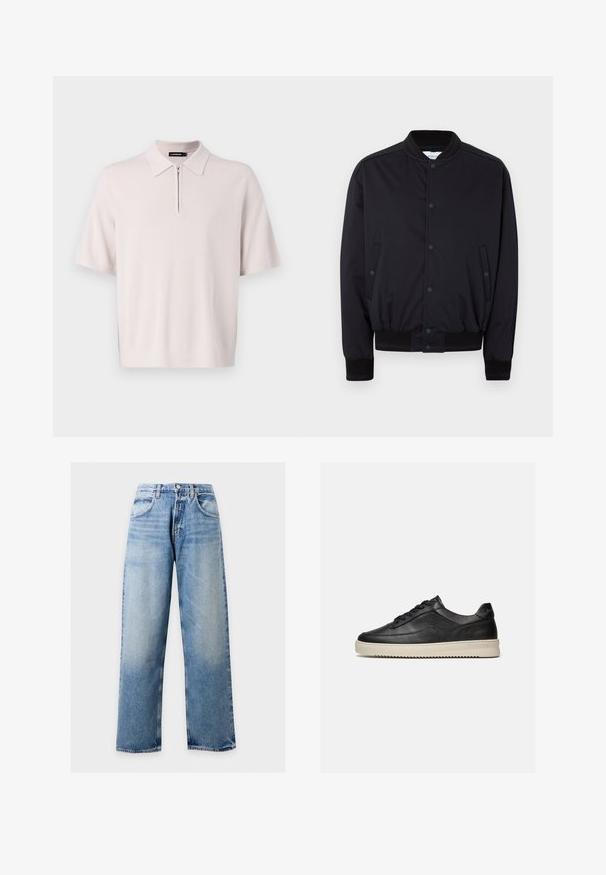 Veste bomber noire avec col, poignets et ourlet côtelés, boutons-pression sur le devant et deux poches latérales à boutons-pression, présentée sur un fond blanc.; Polo court beige clair à manches courtes avec un col zippé et un ourlet côtelé, fabriqué en tissu tricoté doux. Présente un design de col classique.; Jean en denim bleu clair à jambes larges avec poches avant, passants de ceinture et fermeture par bouton sur un fond uni.; Baskets basses en cuir noir avec des lacets noirs et une semelle en caoutchouc épaisse de couleur crème, présentées sur un fond blanc.