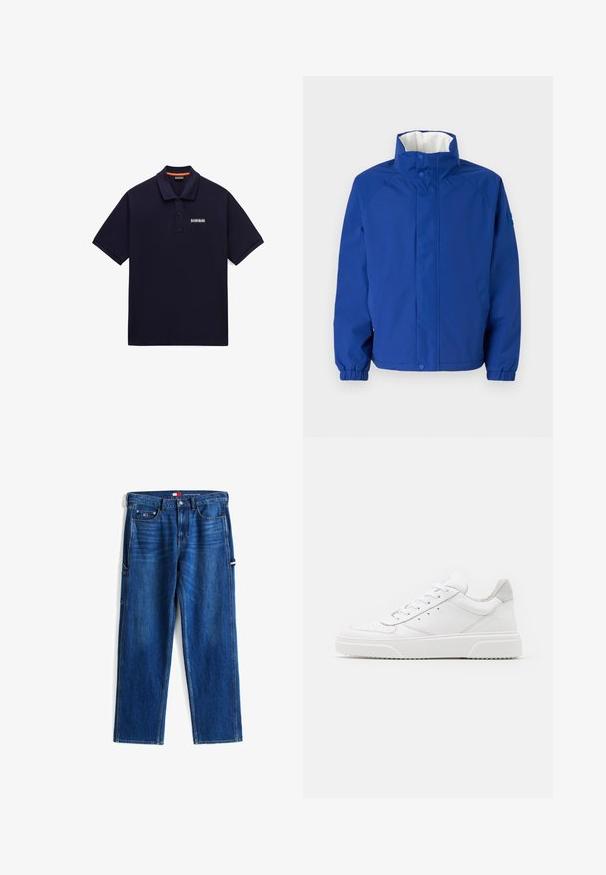 Veste bleu imperméable avec col montant, deux poches latérales, poignets élastiques et doublure blanche. Texture lisse avec des détails de design minimaux.; Polo bleu marine à manches courtes avec patte à deux boutons et petit écusson blanc avec logo sur la poitrine gauche.; Jeans en denim bleu avec une taille mi-haute, des jambes droites et des poches latérales. Comprend des détails de couture et une petite étiquette logo à la taille.; Des baskets en cuir blanc avec une finition lisse, un bout rond, des lacets plats et une semelle texturée. Accents en daim gris au niveau du talon.