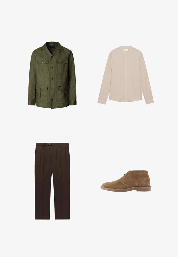 Olijfgroene jas met knopen, vier klepzakken, lange mouwen en een ingezette kraag, gemaakt van gestructureerde stof.; Beige overhemd met lange mouwen, gemaakt van lichtgewicht stof, met een mandarincol en een knoopsluiting aan de voorkant met subtiele textuur.; Bruine op maat gemaakte broek van lichtgewicht stof met een rechte pijp, met een frontknopen sluiting en twee zijzakken.; Bruine suède enkellaars casual schoen met twee veterogen en gestikte zool op witte achtergrond, zijaanzicht.