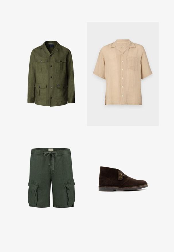 Chaqueta verde oliva con botones, cuatro bolsillos con solapa, mangas largas y cuello con muesca, hecha de tela texturizada.; Camisa de lino beige de manga corta con cuello pico, bolsillo frontal y botones blancos. Tejido texturizado, corte relajado y dobladillo recto.; Pantalones cortos cargo de lino verde oscuro con cinturilla elástica, cierre de cordón y dos bolsillos laterales con detalles de solapa.; Botín de ante marrón con punta redondeada, ajustado con cordones. Cuenta con una etiqueta de marca y una suela plana de goma con detalles sutiles de costura.