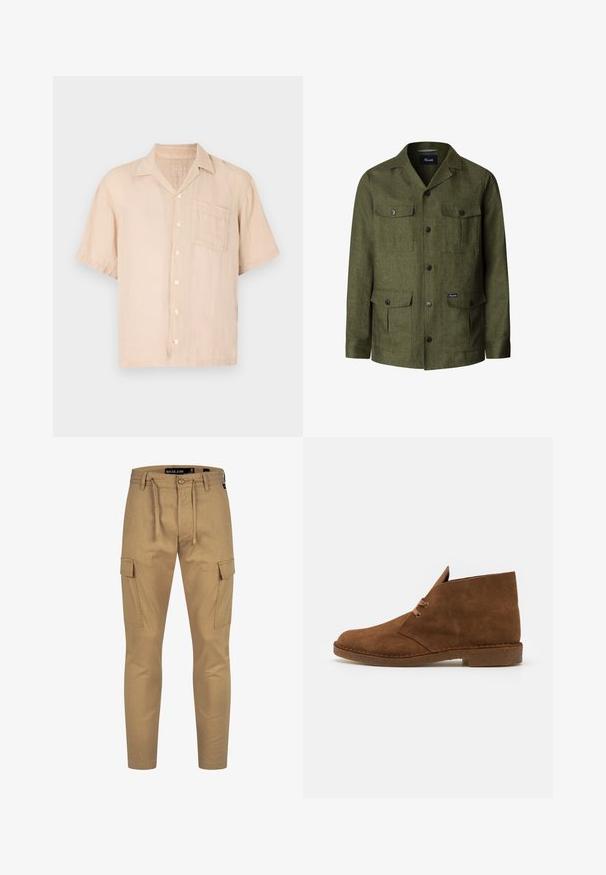 Olijfgroene jas met knopen, vier klepzakken, lange mouwen en een ingezette kraag, gemaakt van gestructureerde stof.; Korte mouwen, lichtbeige linnen shirt met een puntige kraag, knopen aan de voorkant en een borstzak. Glad textuur en een relaxte pasvorm.; Khaki cargobroek met een drawstring taille, taps toelopende pasvorm en zijzakken; gemaakt van een lichte, gestructureerde stof.; Bruine suede enkellaarsjes met een ronde neus, minimale stiksels, een korte tong en een rubberen zool voor grip.