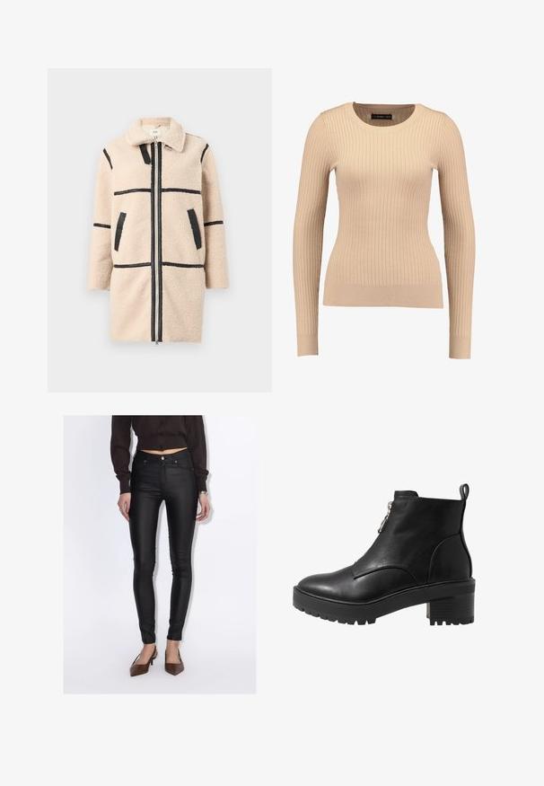 Beige fleecejakke med krave, der har sorte horisontale striber og lommer. Lynlåslukning og tekstureret stof giver et hyggeligt udseende.; Ribbet langærmet sweater i lys beige, lavet af strækbart stof. Har en rund halsudskæring og tætsiddende silhuet med ribbede manchetter.; Kvinde iført sorte høj-taljede skinny bukser, en kropsnær mørkebrun knapbluse og brune spidse hæle.; Sort læder ankelstøvle med lynlåslukning på siden, kraftig sort hæl og en struktureret sål for godt greb. Glat overflade med minimalt udsmykning.