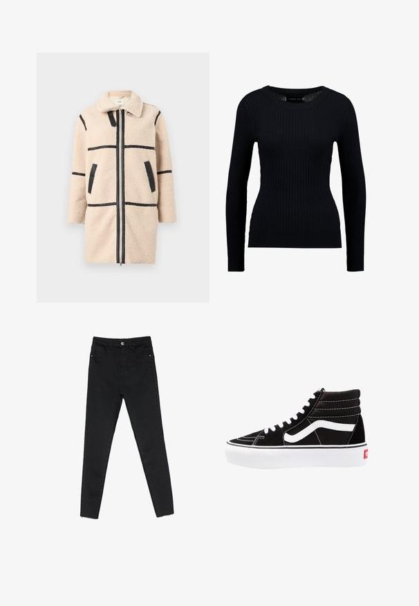 Beige fleecejakke med krave, der har sorte horisontale striber og lommer. Lynlåslukning og tekstureret stof giver et hyggeligt udseende.; Sort ribbet langærmet sweater med rund halsudskæring og tætsiddende silhuet. Teksturen er glat med en subtil strækbarhed.; Sorte skinny jeans lavet af denim, med høj talje, fem-lomme design og rå kant ved anklerne. Klassisk knap- og lynlåslukning.; Sorte høj-top sneakers med hvide snørebånd, et hvidt logo og kontrasterende hvid syning. Har en tyk hvid sål og struktureret ruskindsoverdel.