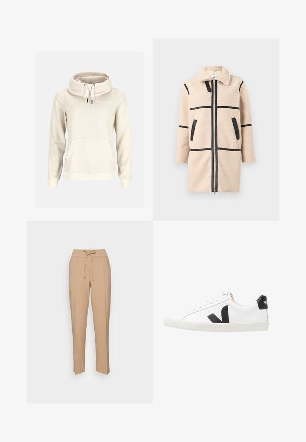 Beige fleecejas met een kraag, voorzien van zwarte horizontale strepen en zakken. Ritssluiting en textuurstof zorgen voor een comfortabele uitstraling.; Beige hoodie met lange mouwen, hoge kraag, witte trekkoorden, een kangoeroezak aan de voorkant en klein "Swedemount" logo op de borst.; b.young BYDanta - Broek - tannin melange; Witte sneaker met een zwart V-logo, voorzien van een gladleren bovenwerk, ronde neus, vetersluiting en een contrasterende zwarte hieltab.
