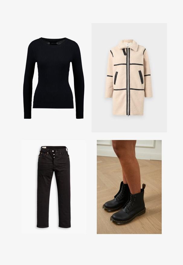 Abrigo de forro polar beige con cuello, con rayas horizontales negras y bolsillos. Cierre de cremallera y tejido texturizado que proporcionan un aspecto acogedor.; Suéter negro de manga larga con costillas, de cuello redondo y silueta ajustada. La textura es suave con un ligero estiramiento en todo el tejido.; Vaqueros negros de pierna recta con cierre de botón, bolsillos delanteros y traseros, y detalles de remaches de cobre sobre un fondo blanco.; Botas de cuero negro hasta el tobillo con diseño de cremallera y cordones, que presentan costuras amarillas y una suela gruesa y texturizada.