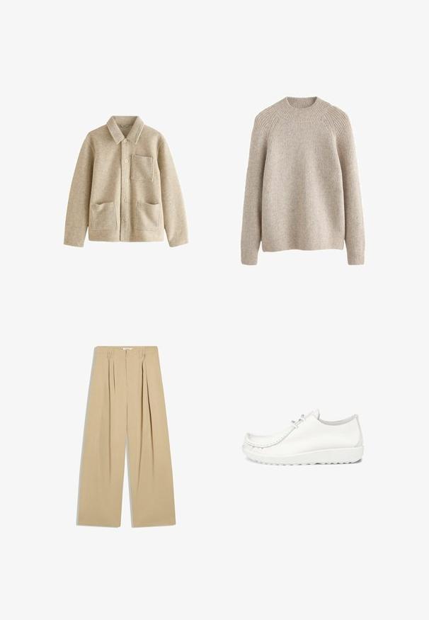 Beige wolmixjas met een spitse kraag, vijf knopen aan de voorkant, twee voorzakken en een borstzak. Zachte textuur en een relaxed pasvorm.; Licht beige geribde trui met een hoge, ronde hals en lange mouwen. Zachte textuur en een relaxte pasvorm, met raglan schoudernaden.; Beige broek met brede pijpen, plooien aan de voorkant, riemlussen en een hoge taille, plat liggend op een witte achtergrond.; Witte leren schoenen met een ronde neus, gestikte details en een lichte witte zool. Voorzien van twee oogjes voor veters.