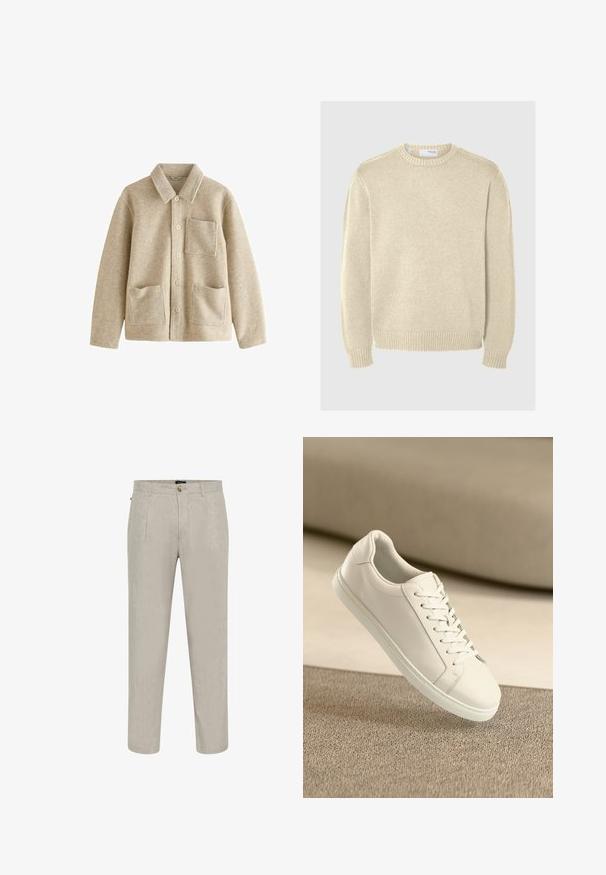 Beige uldblandingsjakke med spids krave, fem-knap front, to forlommer og en brystlomme. Blød tekstur og afslappet pasform.; Lys beige striktrøje med rund halsudskæring, lange ærmer, ribbede manchetter og kant. Glat tekstur med et mellemtykt mønster.; Beige linnedragtbukser med struktureret overflade, der har en lige ben-design, to frontlommer og en knaplukning ved taljen.; Hvide lædersneakers med hvide snørebånd, præsenteret på en beige tekstureret overflade og med en blødt uskarp baggrund.