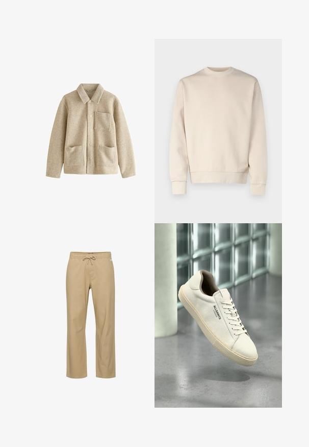 Chaqueta de mezcla de lana beige con cuello puntiagudo, cierre frontal de cinco botones, dos bolsillos frontales y un bolsillo en el pecho. Textura suave y corte relajado.; Sudadera de color beige claro con cuello redondo, puños y cinturilla acanalados. Fabricada con tela suave de textura lisa. Diseño minimalista, sin estampados.; Pantalones de algodón beige de corte relajado con cintura elástica y cordón. Presentan bolsillos laterales y corte recto en las piernas. Sin patrones visibles.; Zapatilla de lona blanca con suela y cordones beige, logo "AllSaints London" a un lado, flotando sobre un suelo gris pulido cerca de bloques de cristal.
