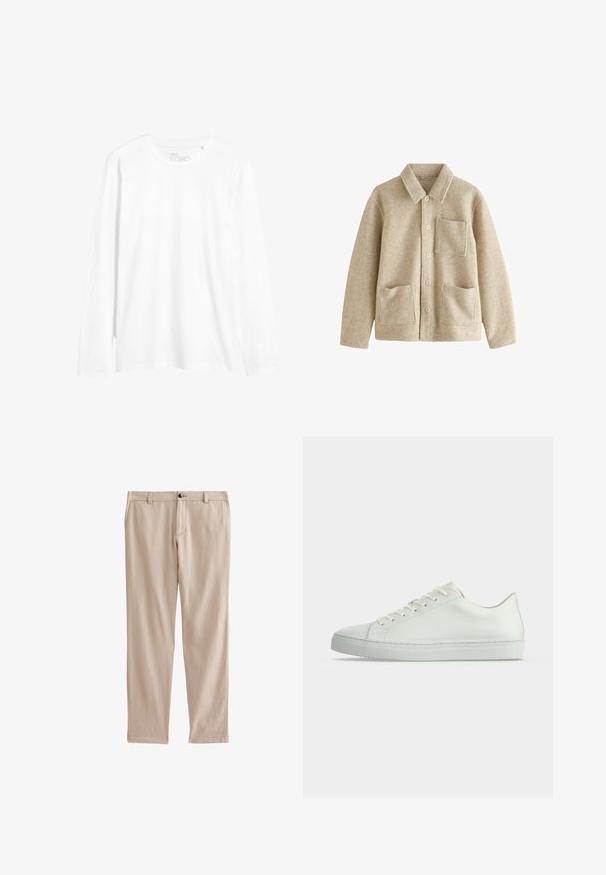 Beige Wolle-Mix-Jacke mit spitzem Kragen, fünfknöpfiger Vorderseite, zwei Fronttaschen und einer Brusttasche. Weiche Textur und lockere Passform.; Langärmliges weißes T-Shirt aus Baumwolle. Verfügt über einen Rundhalsausschnitt, schlanker Schnitt und seitliche Schlitze am Saum. Einfaches Design ohne Muster.; Beige Baumwollhosen mit geradem Schnitt, ausgestattet mit einer Vorderknopfverschluss und Gürtelschlaufen. Glatte Textur mit seitlichen Taschen und dezenten Nähten.; Weißer Low-Top-Sneaker mit Schnürsenkeln, glattem Lederobermaterial und flacher Gummisohle, von der Seite auf neutralem Hintergrund gezeigt.