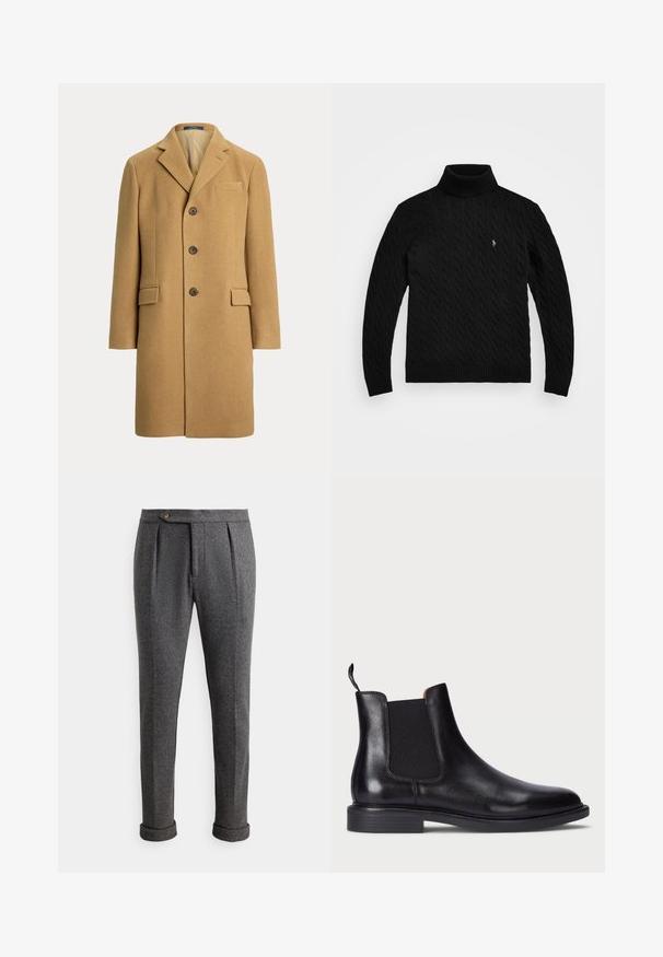 Einreihiger kamelbrauner Wollmantel mit drei Knöpfen, Kerbkragen, Brusttasche und zwei vorderen Klappentaschen.; Polo Ralph Lauren CABLE WOOL CASHMERE ROLL NECK JUMPER - Strickpullover - black; Graue Wollhose mit Falten, Knopfverschluss und umgeschlagenen Bündchen. Glatte Textur mit maßgeschneidertem Design für eine strukturierte Passform.; Schwarze Leder Chelsea-Stiefel mit elastischen Seitenteilen, strukturiertem Finish, abgerundeter Spitze und niedrigem, gestapeltem Absatz. Verfügt über eine Zuglasche für leichtes Anziehen.