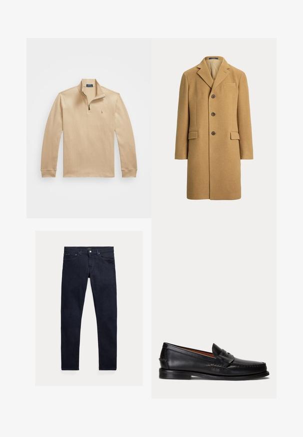 Abrigo de lana camel marrón de un solo pecho con tres botones, solapas con muesca, bolsillo en el pecho y dos bolsillos delanteros con solapa.; Polo de manga larga beige con cuello con cremallera, hecho de tela texturizada, con un pequeño logotipo bordado en el lado izquierdo del pecho.; Vaqueros de mezclilla azul oscuro con un ajuste entallado. Cuenta con cinco bolsillos, cierre de cremallera y botón metálico. Textura suave con un desgaste mínimo.; Mocasín negro de cuero con tacón bajo y detalle de correa para moneda, mostrado de lado sobre un fondo gris claro.