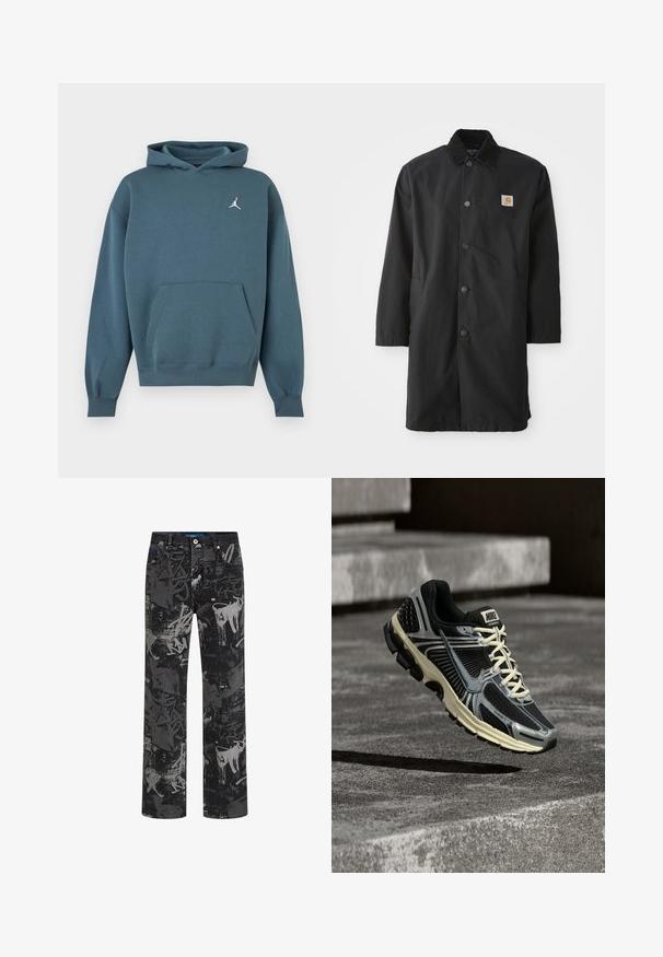 Manteau noir mi-long en tissu robuste, avec un col, des boutons-pression à l'avant, des poches latérales et un petit patch logo sur la poitrine.; Sweat à capuche bleu sarcelle foncé avec poche kangourou à l'avant et petit logo Jumpman blanc sur la poitrine gauche.; Pantalons en denim noir avec un motif style graffiti dans des nuances de gris. Design à jambes droites avec une structure classique à cinq poches et des accessoires en métal.; Chaussure de course Nike noire et grise avec des lacets crème flottant au-dessus d'une surface en béton texturée.