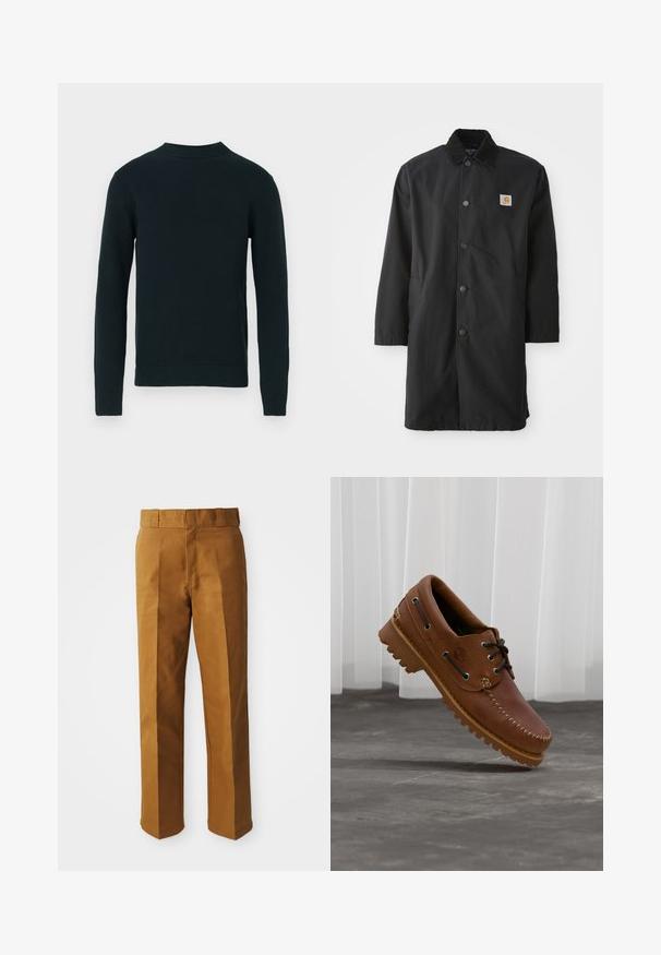 Sort mellemlang frakke lavet af kraftigt stof, med krave, frontknapper, sidelommer og et lille logo-patch på brystet.; Sort langærmet strikket sweater med rund halsudskæring og ribbede manchetter og kant, vist på en ensfarvet hvid baggrund.; Brune, skræddersyede bukser med en glat tekstur, der har lige ben, folder fortil og en standardtalje.; Brun læder bådsko med sorte snørebånd, beige syninger og en robust sål, hængende over en grå betongulv.