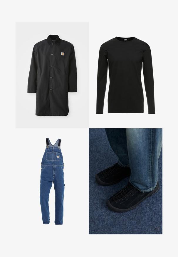 Schwarzer, mittellanger Mantel aus robustem Material, mit einem Kragen, Druckknöpfen auf der Vorderseite, seitlichen Taschen und einem kleinen Logo-Patch auf der Brust.; Urban Classics STRETCH TERRY - Langarmshirt - black; Jeanslatzhosen in einem mittleren Blauton, mit verstellbaren schwarzen Trägern, mehreren Taschen und Metallbeschlägen.; Schwarze Wildleder-Sneaker mit strukturiertem Obermaterial, dezenten Schnürsenkeln und haltbaren Gummisohlen, kombiniert mit blauen Jeans.