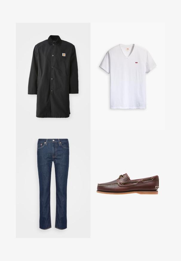 Manteau noir mi-long en tissu robuste, avec un col, des boutons-pression à l'avant, des poches latérales et un petit patch logo sur la poitrine.; T-shirt blanc en coton à col en V avec des manches courtes et un petit logo rouge Levi's sur la poitrine. Texture douce, design décontracté.; Jean en denim droit bleu foncé avec des coutures orange, cinq poches, et une fermeture à bouton et à zip à l'avant.; Chaussure bateau en cuir marron avec coutures blanches, détails de lacets et semelle en caoutchouc beige, vue de côté sur fond blanc.