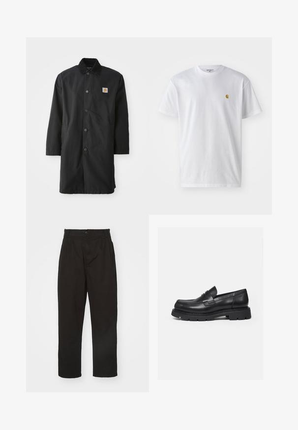 Zwarte middellange jas van stevig fabric, met een kraag, voorste drukknoopsluiting, zijzakken en een klein logo-opgenaaid op de borst.; Witte katoenen t-shirt met korte mouwen en ronde hals, voorzien van een klein gouden logo op de linkerkant van de borst. Zachte textuur en een normale pasvorm.; Zwarte broek van gladde stof, met knoopsluiting, rechte snit en twee voorplooien voor extra detail.; Zwarte leren loafer met dikke geribbelde zool en pennyriemdetail, getoond in rechter zijprofiel op witte achtergrond.