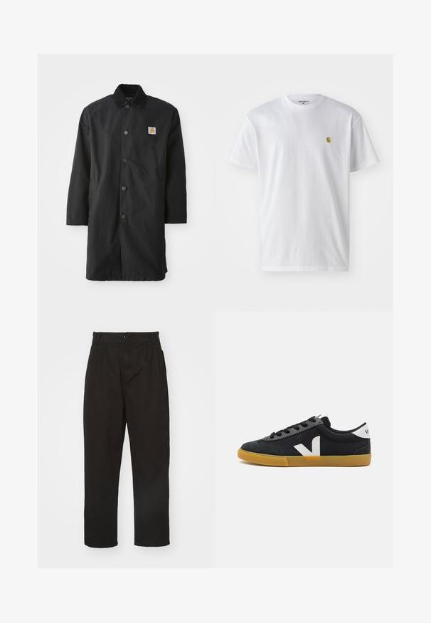 Manteau noir mi-long en tissu robuste, avec un col, des boutons-pression à l'avant, des poches latérales et un petit patch logo sur la poitrine.; T-shirt en coton blanc à manches courtes, col rond, avec un petit logo doré sur la poitrine gauche. Texture douce et coupe régulière.; Pantalons noirs en tissu lisse, dotés d'une fermeture à bouton, d'une coupe droite et de deux plis à l'avant pour un détail supplémentaire.; Baskets noires en toile avec une coque en daim, logo blanc, lacets noirs et semelle en caoutchouc beige. Design minimaliste et silhouette basse.